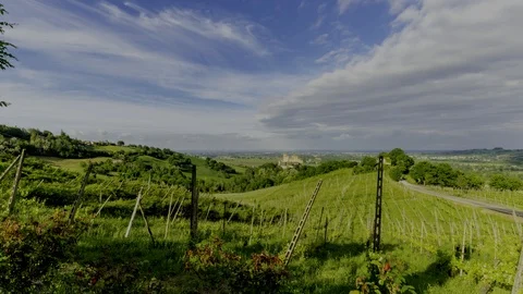 Clouds timelapse over a hill, in front a vineyard with a castle in the distance Stock Footage 116679687