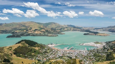Clouds timelapse over Lyttelton Harbour bay in beautiful New Zealand landscape Stock Footage 117465272