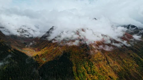 Clouds At Top Of Mountain, Aerial Panoramic Shot With Amazing Landscapes In Stock Footage 254287649