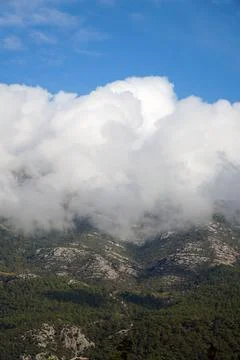 Clouds on the tops of the mountains. Clouds in the mountains. Stock Photos