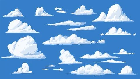 Clouds vector pixel set on blue, cartoon cloudy weather forecast with squared Stock Illustration
