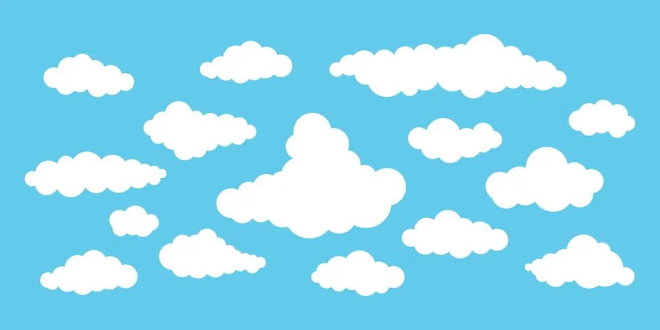 Clouds vector weather icon set isolated on blue heaven background. Stock Illustration