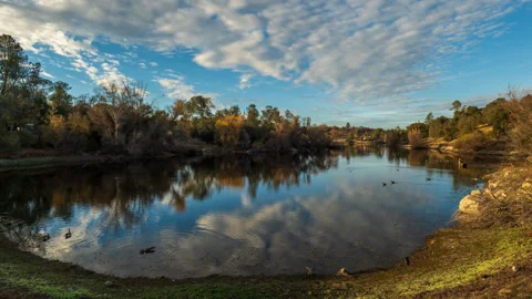 Clouds Waft Above a Small Lake with Waterfowl Timelapse Stock Footage 285743632