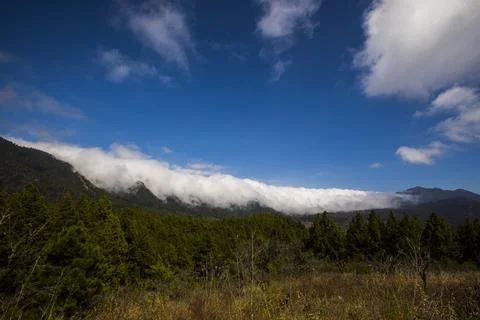 Clouds waterfall in Caldera De Taburiente Nature Park, La Palma Island, Canar Стоковые фото