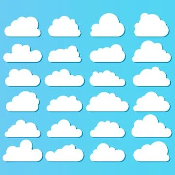 Clouds. White clouds in cartoon style of various shapes on a blue background. Stock Illustration