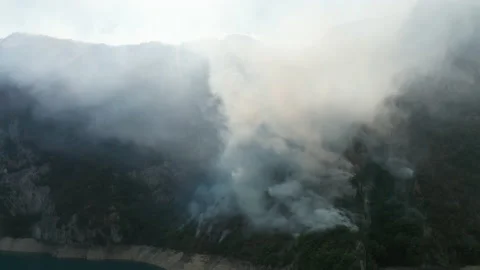 Clouds of white smoke from a wildfire backlit by sun, caused by burning forest Stock Footage 159798342