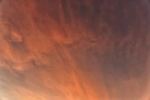 Cloudscape with bright red fluffy clouds in sunset sky Foto stock