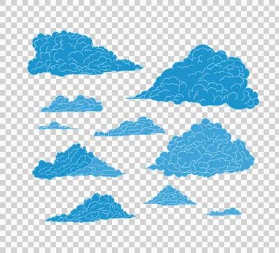 Cloudscape in flat style, Cartoon white clouds icon set isolated Stock Illustration