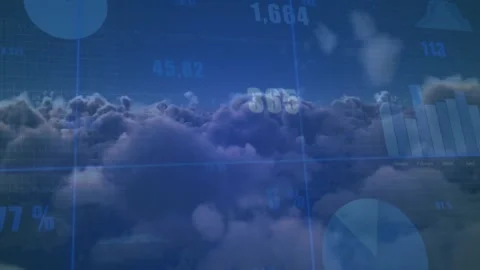 Cloudscape opening with drifting clouds while grid lines and charts updating Stock Footage 320068746