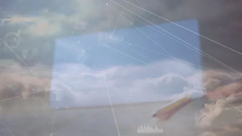 Cloudscape opening nodes, notepad tilting pencil angling, gauges floating to Stock Footage 329509766