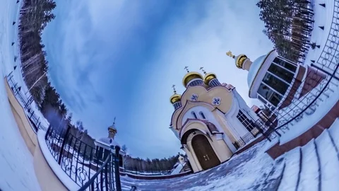 Cloudscape Over Orthodox Church 360Vr Video Panorama of Building and Wintery Video stock 74710232