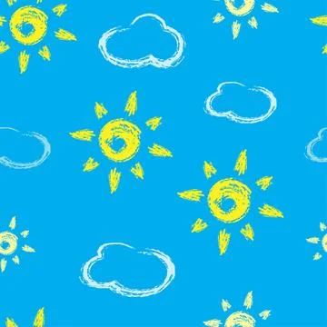 Cloudscape seamless pattern. Clouds and sun doodle drawing on blue backgrou.. イラスト素材