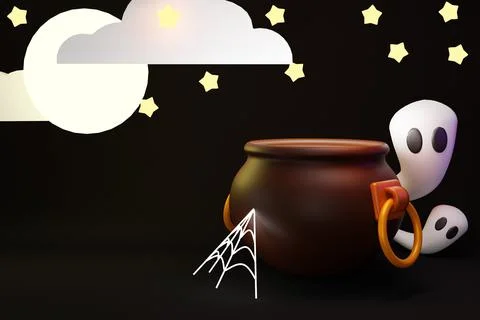 Clouds,Moon star with cauldron,Spiderweb and Flying ghost for Halloween.Happy Illustrazione stock