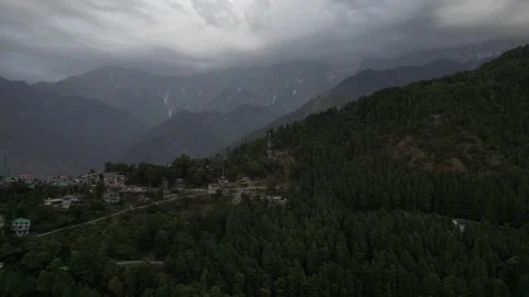 Cloudy Aerial Forward Shot Over Himachal Valley | Mountain Village Drone Video stock 313382250