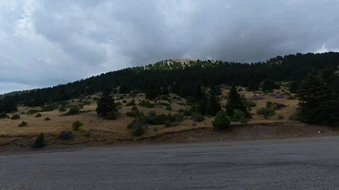 Cloudy alpine mountain landscape with empty ski resort road and fir forests Video stock 327560422