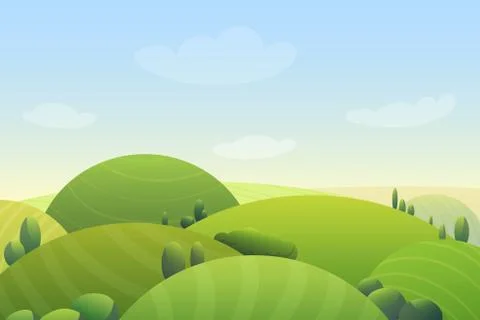 Cloudy blue sky over green hills and green trees in meadow cartoon cute vector Stock Illustration