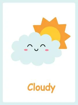 Cloudy card. Cute cartoon clouds. Childrens cards for learning with weather 스톡 일러스트