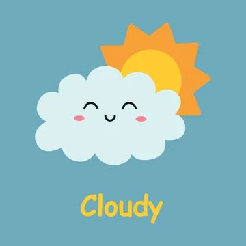 Cloudy card. Cute cartoon clouds. Childrens cards for learning with weather Stock Illustration