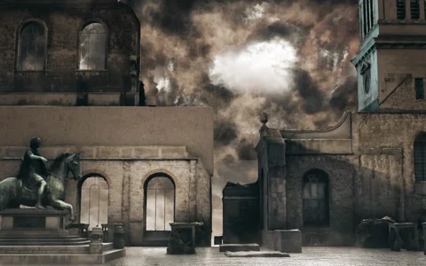 Cloudy castle garden with statue Stock Footage 196482370