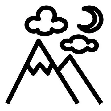 Cloudy crescent moon night mountain flat outline Stock Illustration