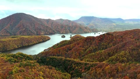 Cloudy Day Autumn Lake Landscape Aerial 4K Video stock 329054235