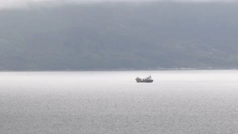 Cloudy day at ice sea beach. Big cargo ship cruising on the sea. Fishing Stock Footage 220266576