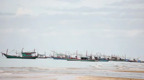 Cloudy Day Long Shot Local Fisherman Boat Moor On The Low Tide Time Video stock 65817619