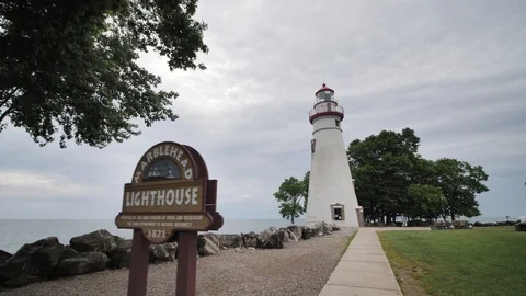 A Cloudy Day at Marblehead Lighthouse State Park in Ohio on Lake Erie Stock Footage 96751941