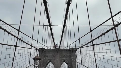 A cloudy day in NYC showcases the Brooklyn Bridge and pedestrians Stock Footage 313891354