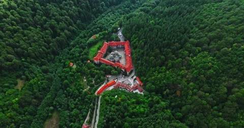 Cloudy Day Over Rila Monastery Hidden In A Vast Green Forest Mountain Valley Video stock 300446608