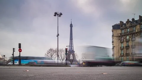 Cloudy day paris traffic square eiffel tower panorama 4k time lapse france Stock Footage 74682886