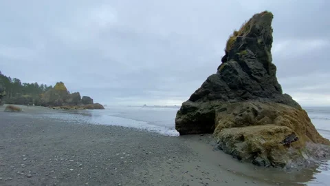 Cloudy day at Ruby Beach at Washington Olympic Peninsula during the low tide Stock Footage 138056628
