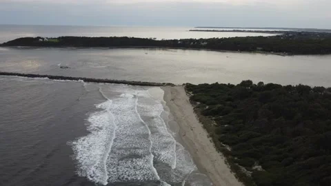 Cloudy day with strong waves at Comerong Island - Australia, Drone/Aerial Shot Stock Footage 144224560