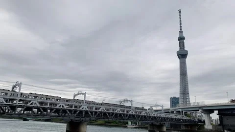 Cloudy day Train running on railway cross the river with Tokyo Skytree Tower Stock Footage 285030301