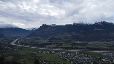 Cloudy Day In the Valley With River Stock Footage 242733003