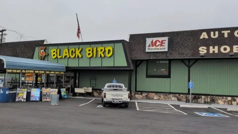 A cloudy-day video of Medford’s iconic green Black Bird store Stock Footage 322697294