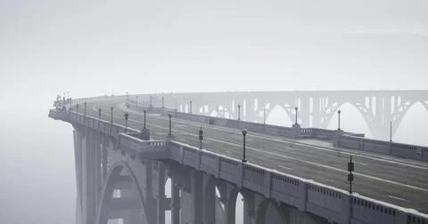 Cloudy day view of a long bridge with a foggy atmosphere in an urban area Stock Illustration