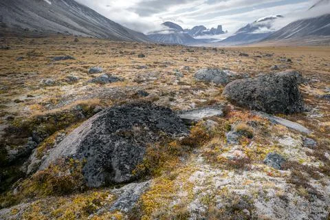 Cloudy day in the wild, remote arctic valley of Akshayuk Pass, Baffin Island Stock Photos