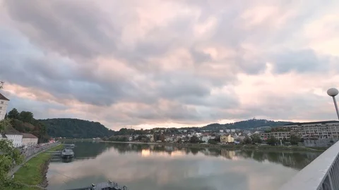 Cloudy early evening time lapse of the Danube River in Linz Austria. Stock Footage 70793132