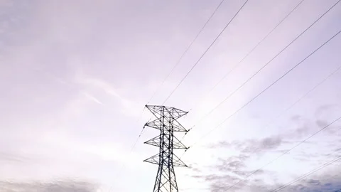 Cloudy Electric Transmission Tower Roll Down Stock Footage 208806964