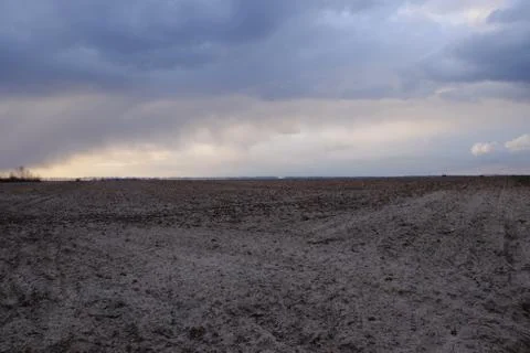 Cloudy evening sky over a plowed farm field. Landscape. Stock Photos