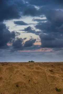 Cloudy evening sky under the sand of sea beach, Arabat Spit, Ukraine Stock Photos