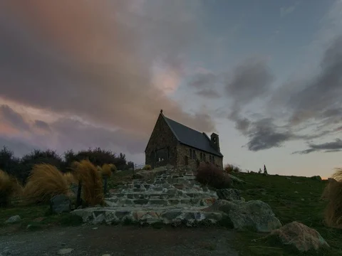 Cloudy evening time lapse at Tekapo Church of The Good Shepherd Stock Footage 71945315