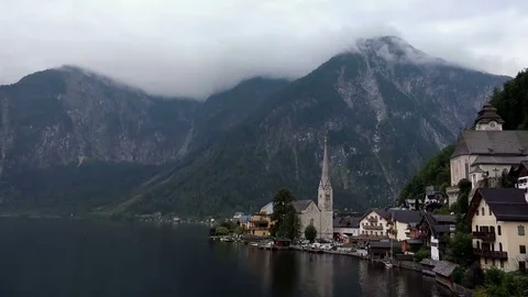Cloudy Hallstatt Mountain Village in Austria Stock Footage 69190895