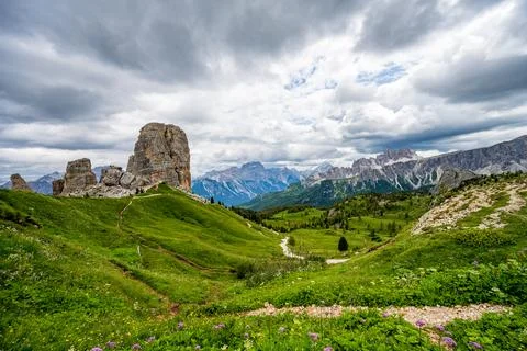 Cloudy landscape of Cinque Torri Stock Photos