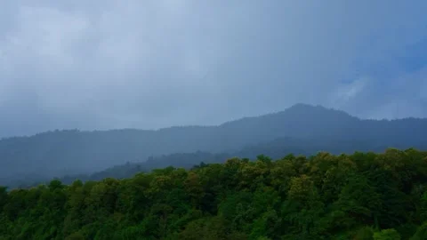 Cloudy landscape mountain like layered shadow behind green jungle Stock Footage 285115996
