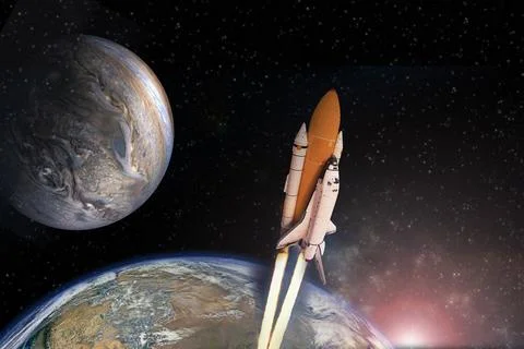 Cloudy launch of rocket into starry outer space. The elements of this image Stockfoto's