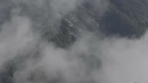 Cloudy misty forest surrounded by a big mist at the peak of the mountain 4K. Stock Footage 231701882