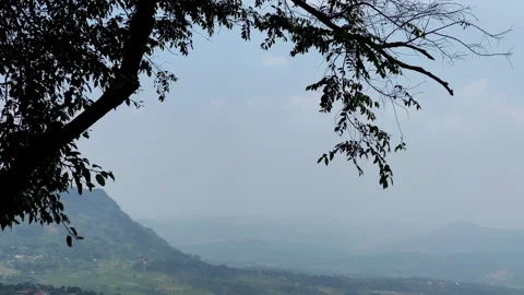 Cloudy misty mountain landscape view with silhouette of tree, still camera Stock Footage 259186608