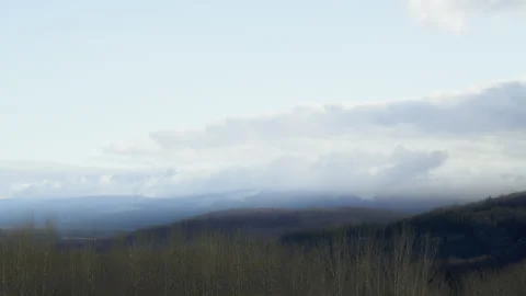 Cloudy misty sky day winter forest valley with windmill background Stock Footage 256015113